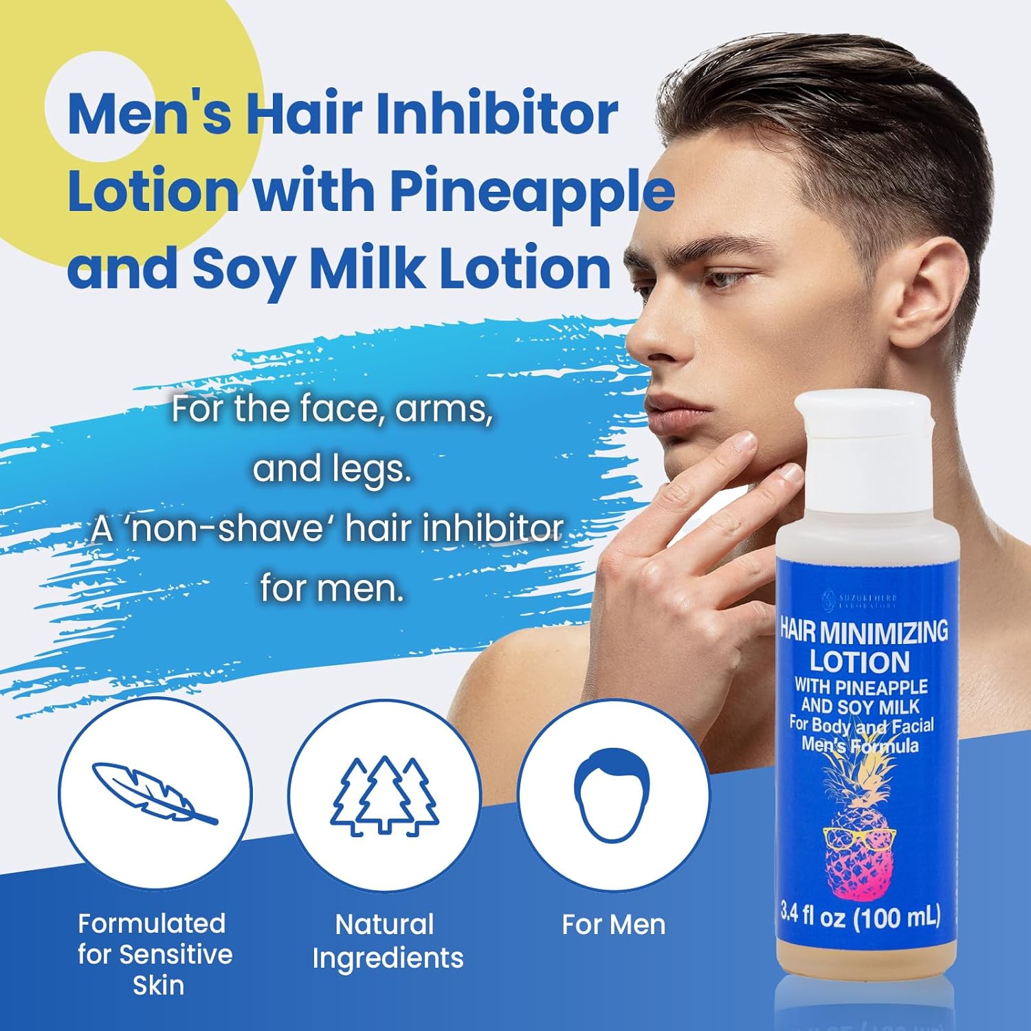 Lotion anti-pilosité pour hommes à l'ananas et au lait de soja 100 ml (Poils du corps et du torse, même les poils épais) (Fabriqué au Japon) (Application facile, réduit la pousse des poils) (À base d'ingrédients naturels)