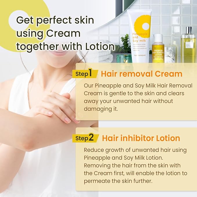 Pineapple and Soy Milk Hair Removal Cream and Pineapple and Soy Milk Hair Inhibitor Lotion Premium Set(For Sensitive Skin, Kid-Friendly)