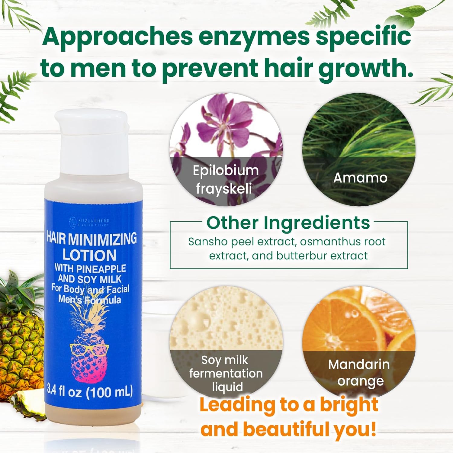 Lotion anti-pilosité pour hommes à l'ananas et au lait de soja 100 ml (Poils du corps et du torse, même les poils épais) (Fabriqué au Japon) (Application facile, réduit la pousse des poils) (À base d'ingrédients naturels)